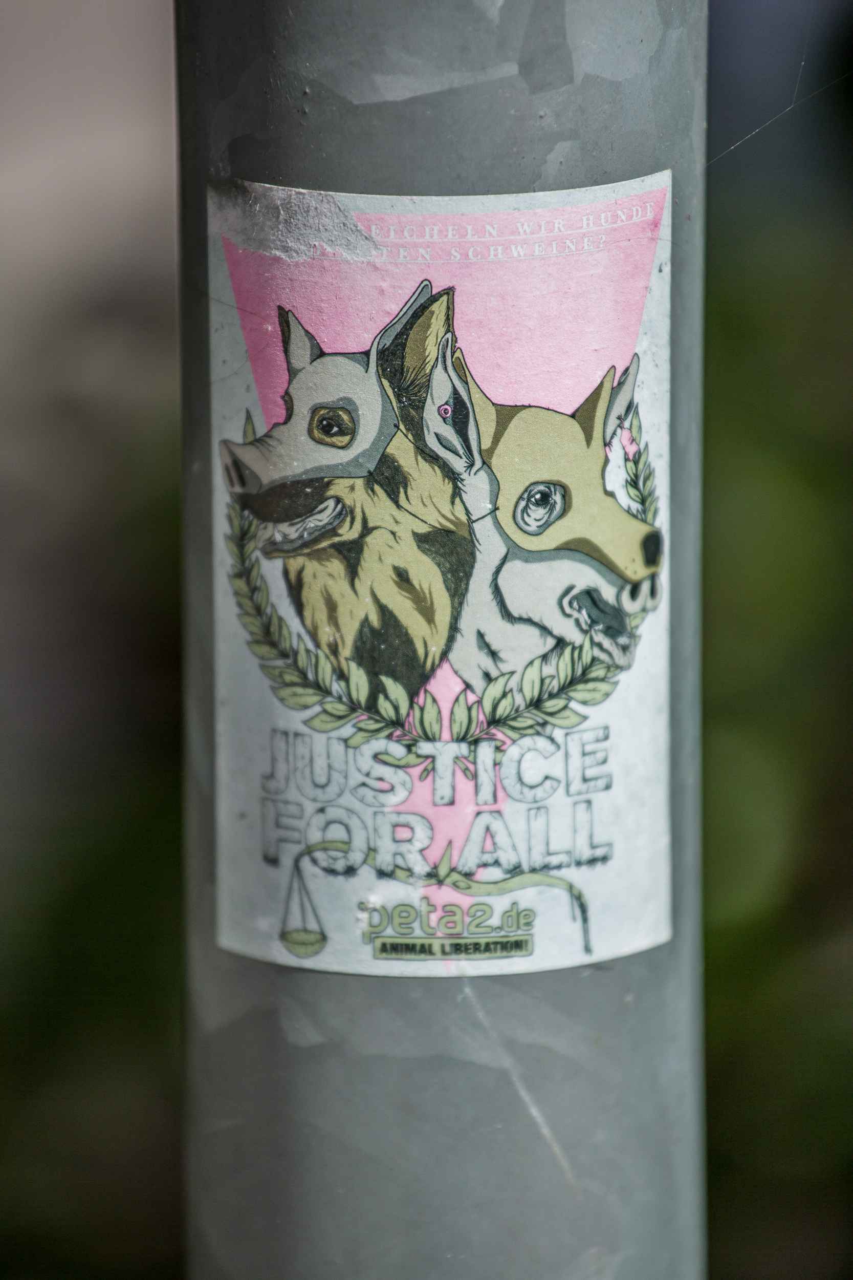 Ein Spucki klebt an der Stange eines Verkehrschildes.