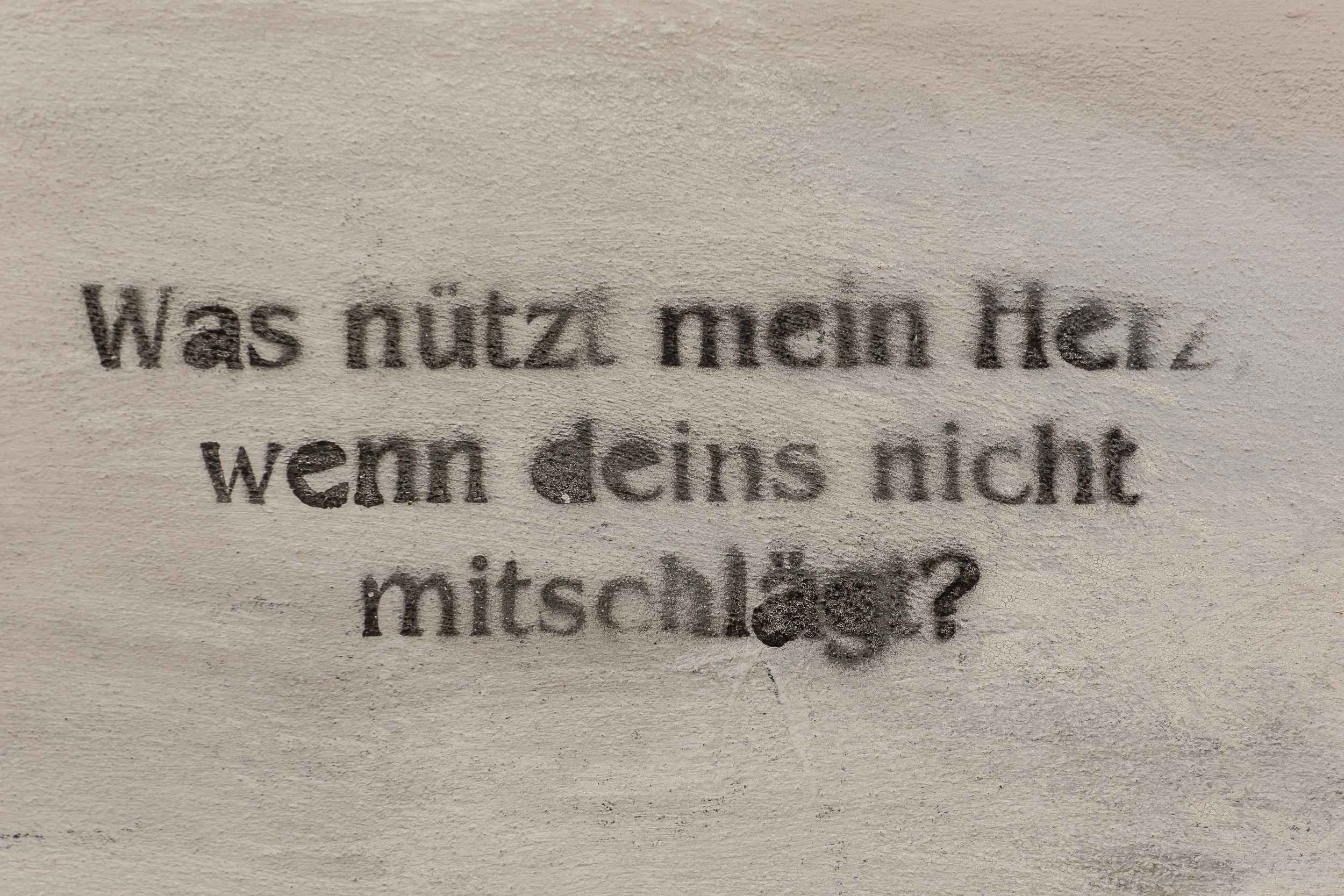 »Was nützt mein Herz wenn Deins nicht mitschlägt«. Ein Text auf einer Hauswand den wir während des Spaziergangs mit Bertram Weisshaar durch Lindenau entdeckt haben.