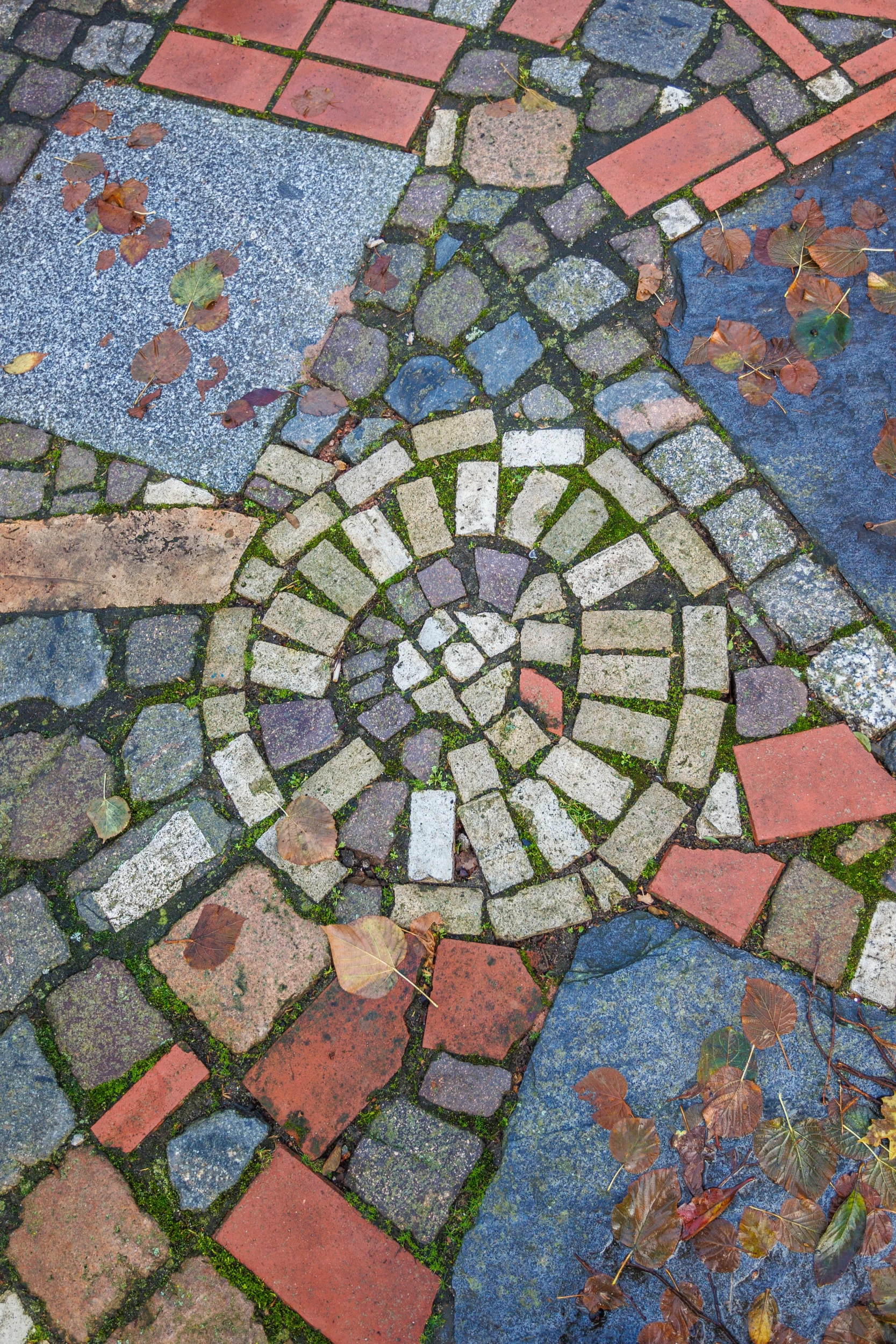 Ein kreativ gestaltetes Pflasterstein-Mosaik mit einem Kreismuster in der Mitte, Moos zwischen den Steinen und herbstlichen Blättern, die auf dem Boden liegen.