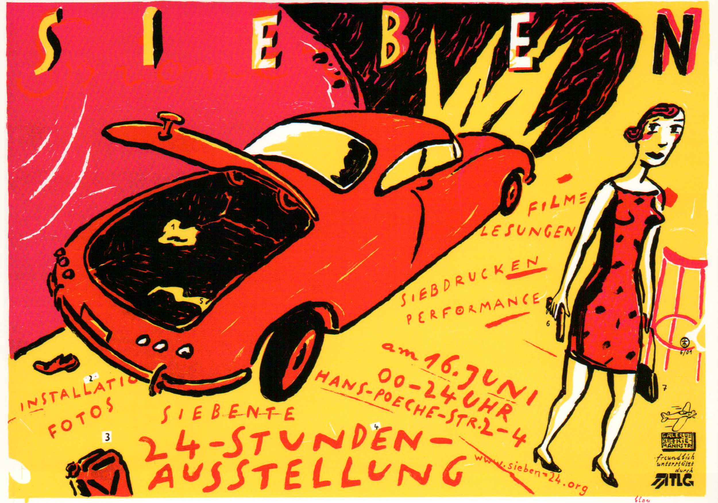 Postkarten zu den 24-Stunden-Ausstellungen. Die Siebdrucke sind von Thomas Matthaeus Müller. Sieben - eine künstlerische Hausbesetzung in der Hans-Poeche-Straße 2001.