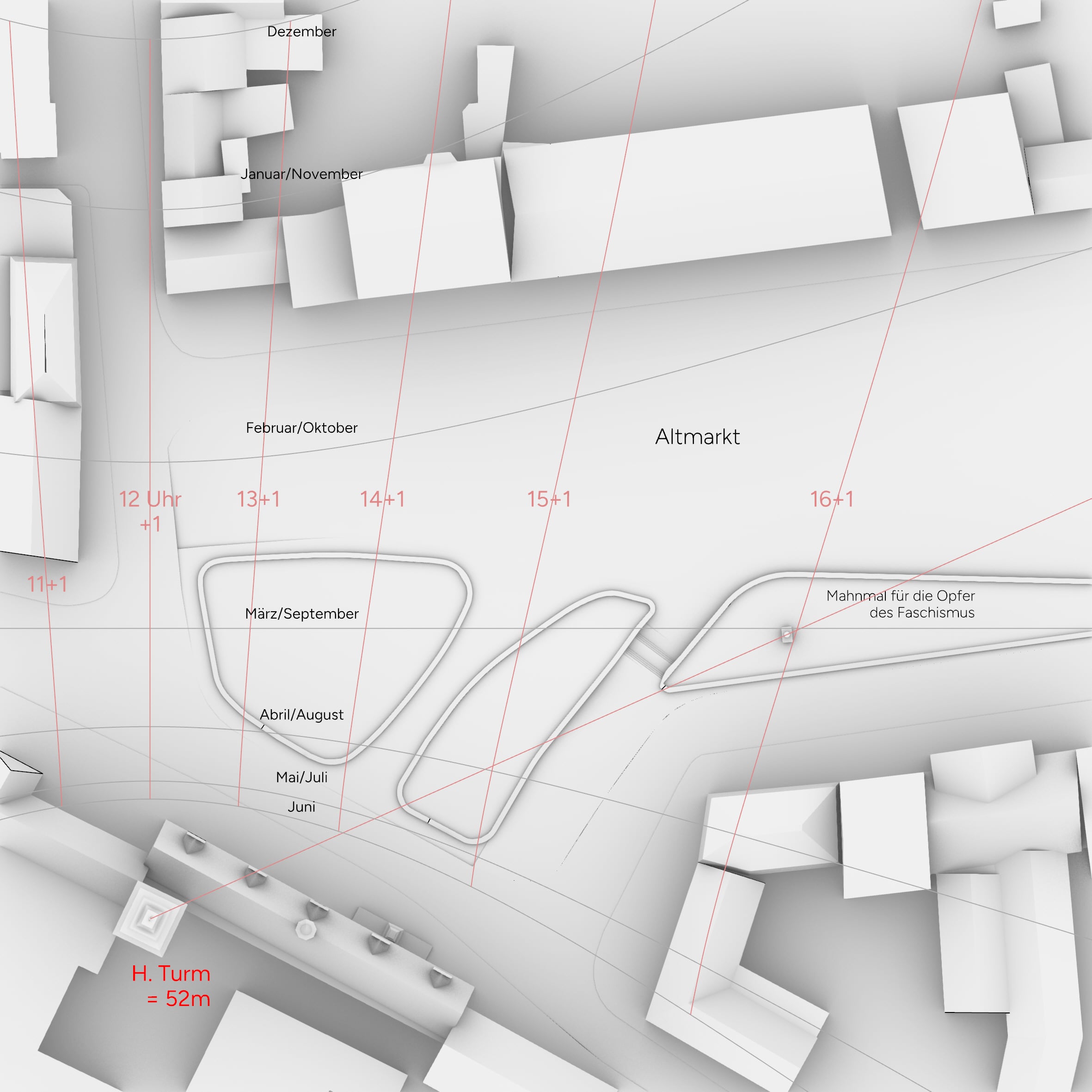Planzeichnung des Altmarkts in Zeitz. Der Schatten des Rathhausturms fällt zweimal im Jahr zur Tag- und Nachtgleiche direkt auf das Denkmal gegen den Faschismus.